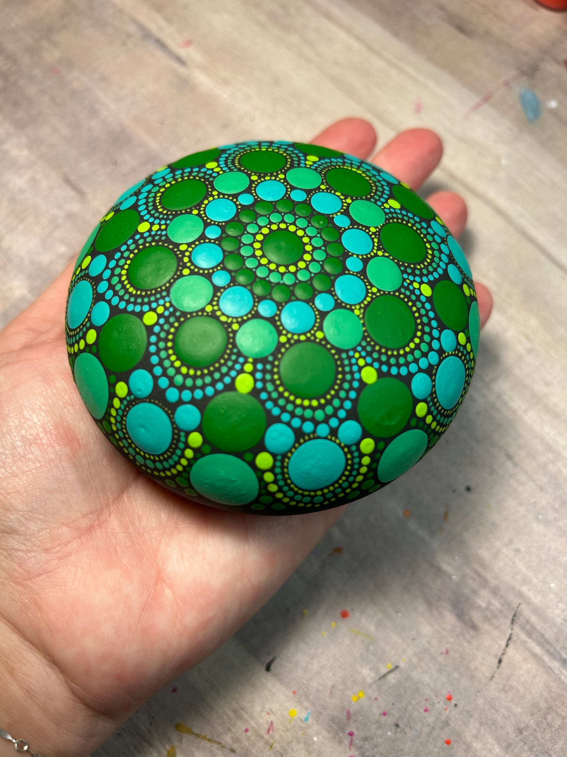 Original Greens with Blue Brushwork Dot Mandala Stone image 2