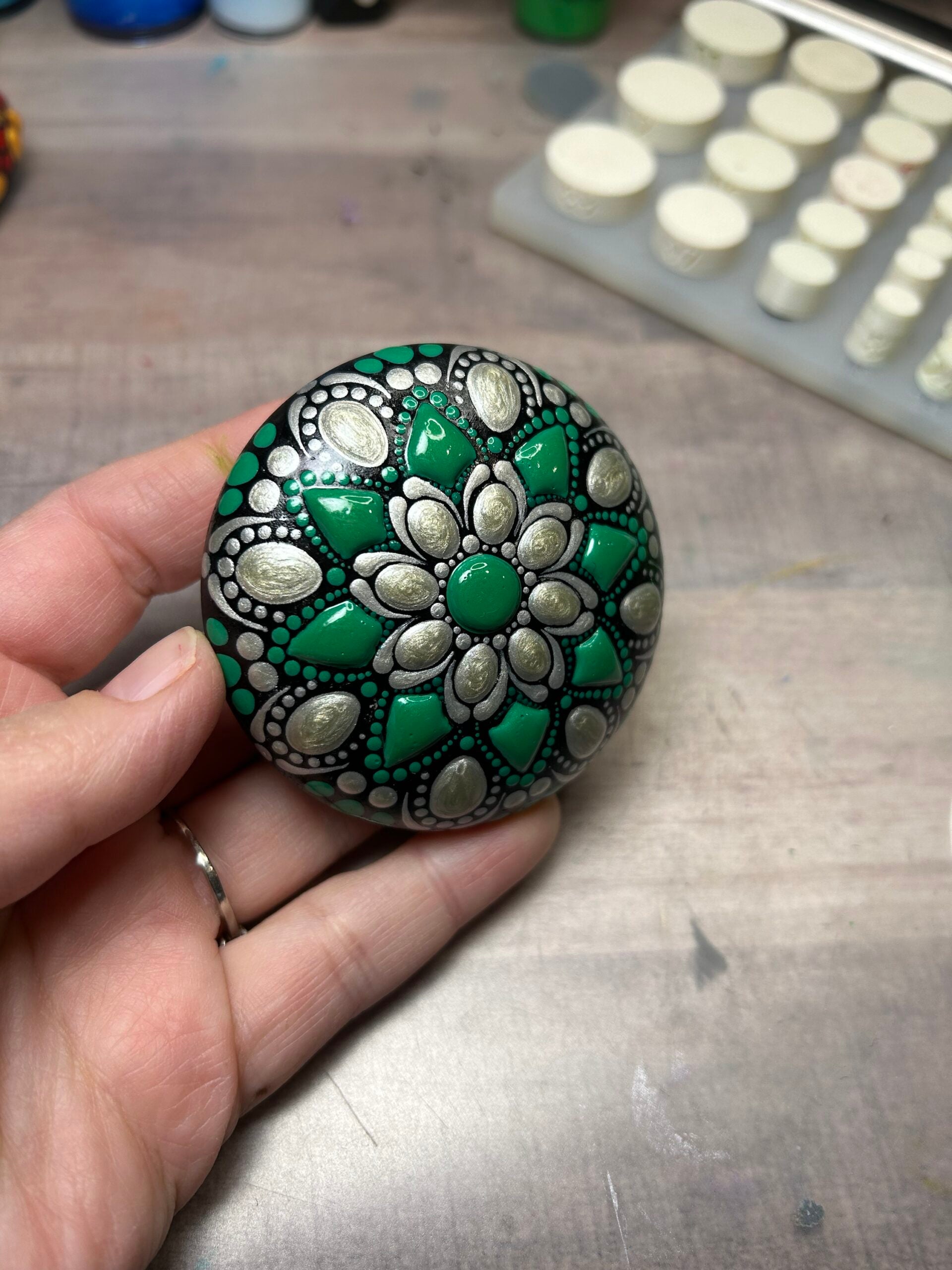 Original Art Green and Silver Andes Mint Mandala Stone image 2