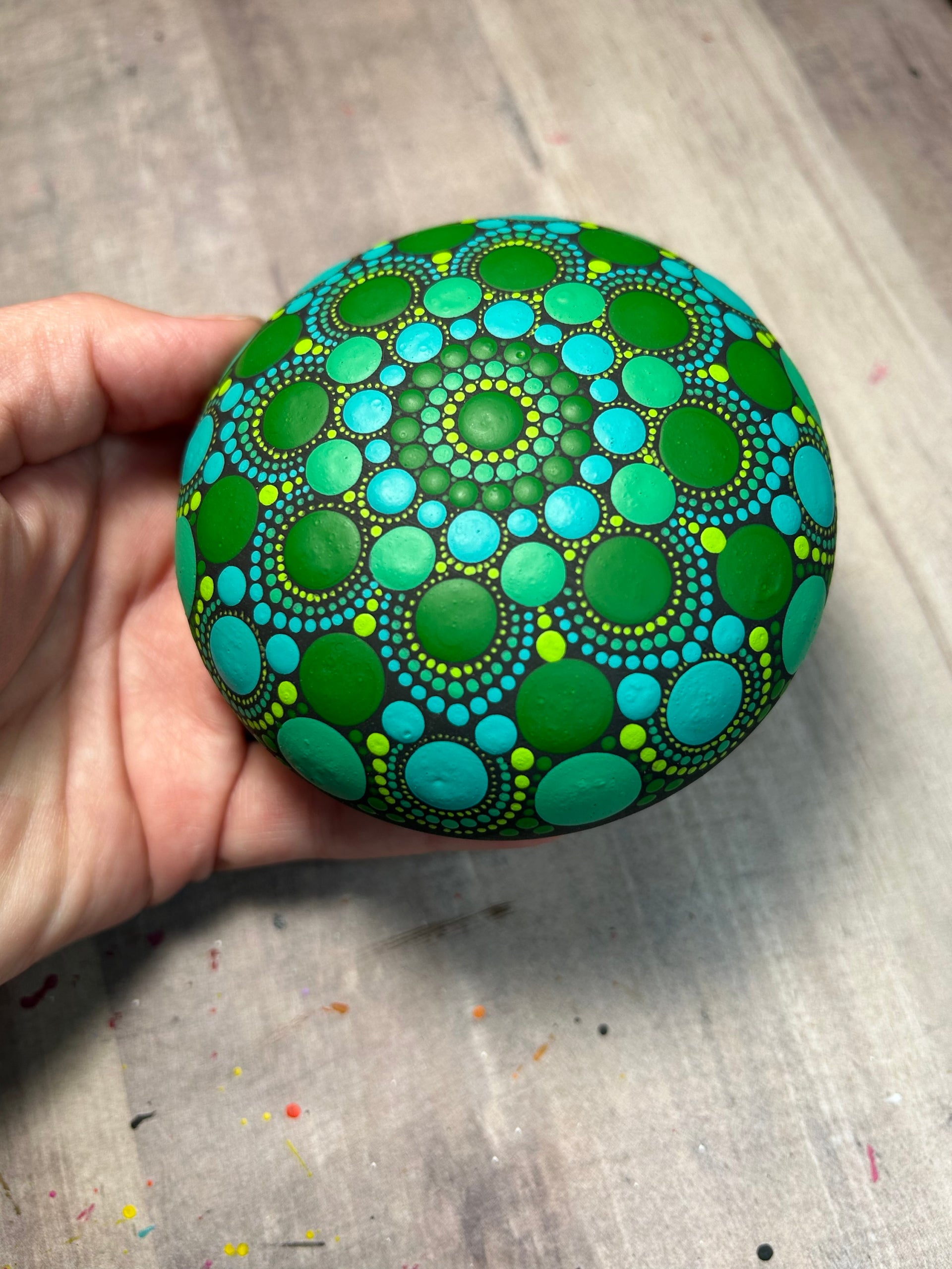 Original Greens with Blue Brushwork Dot Mandala Stone image 1