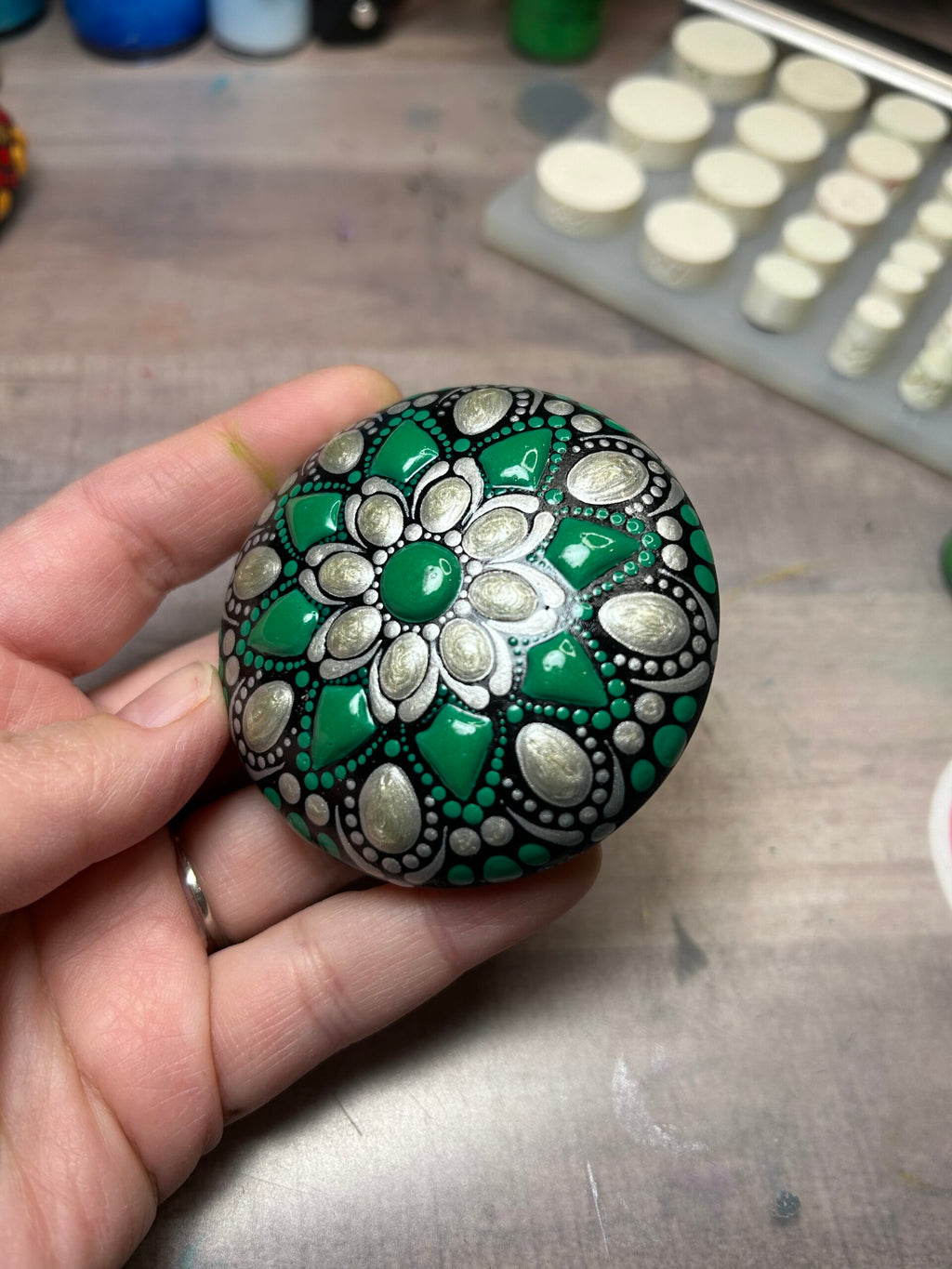 Original Art Green and Silver Andes Mint Mandala Stone image 3