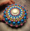 Original Purple, Blue, Cream &amp; Gold Dot Mandala Stone image 0