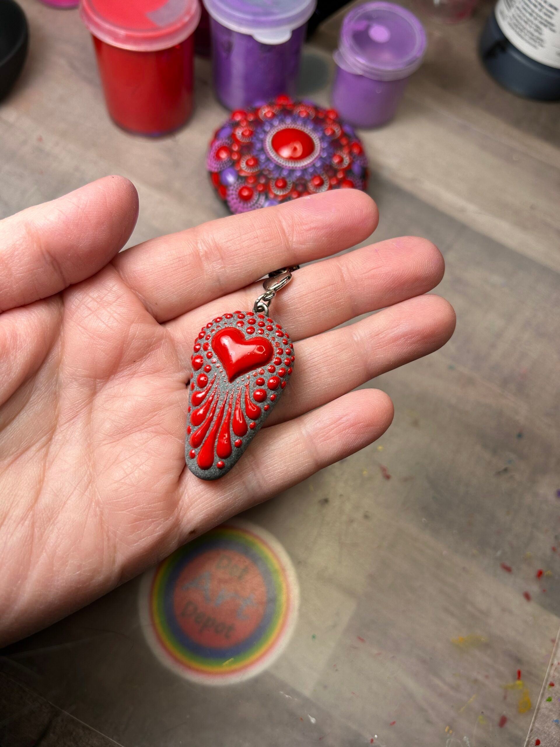 Red Dot Mandala Painted Stone Pendant BY Lydia May image 2