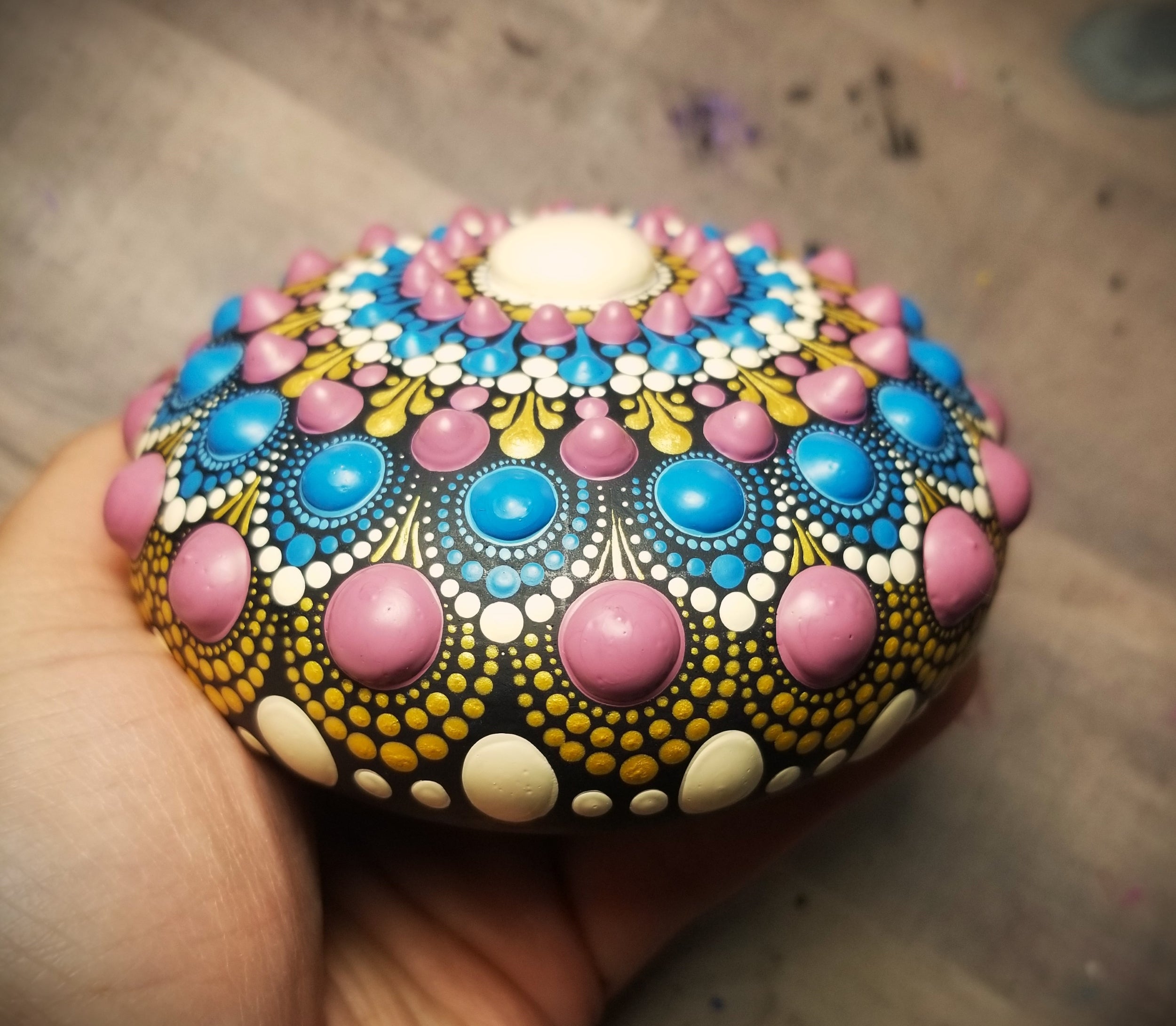 Original Purple, Blue, Cream &amp; Gold Dot Mandala Stone image 1