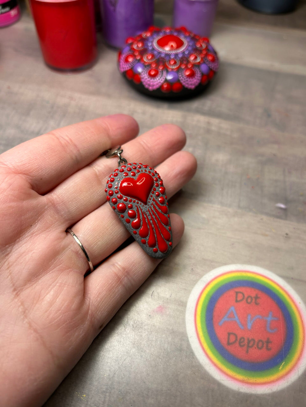 Red Dot Mandala Painted Stone Pendant BY Lydia May image 1