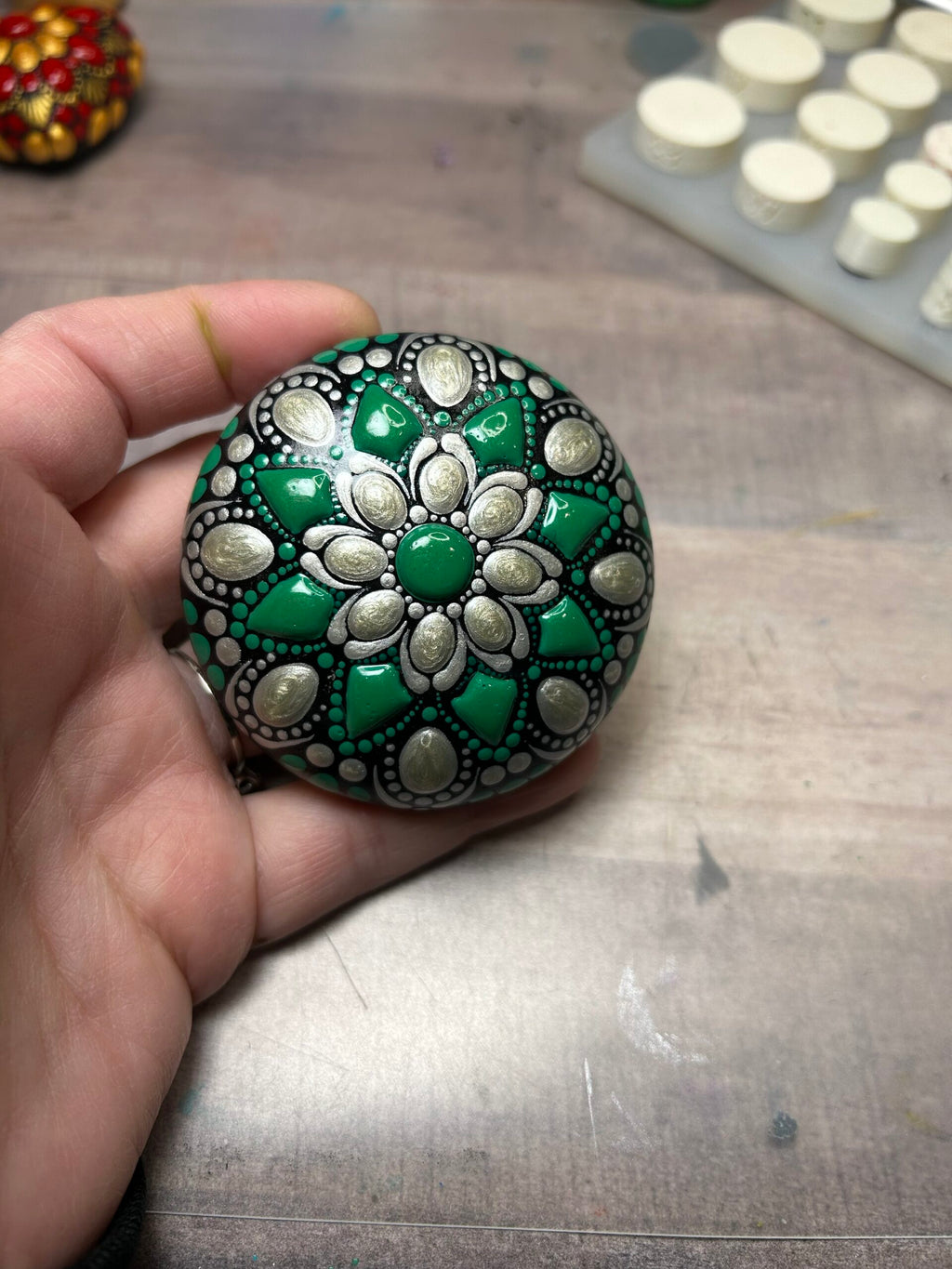 Original Art Green and Silver Andes Mint Mandala Stone image 0