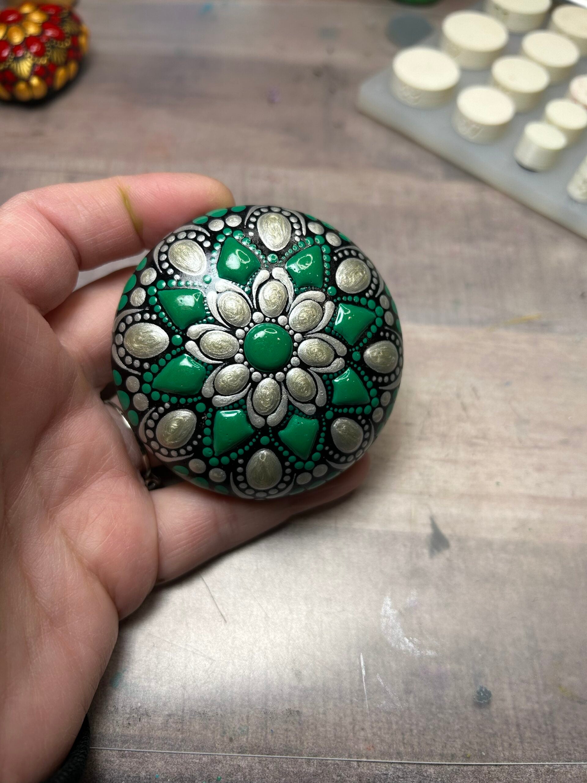 Original Art Green and Silver Andes Mint Mandala Stone image 0