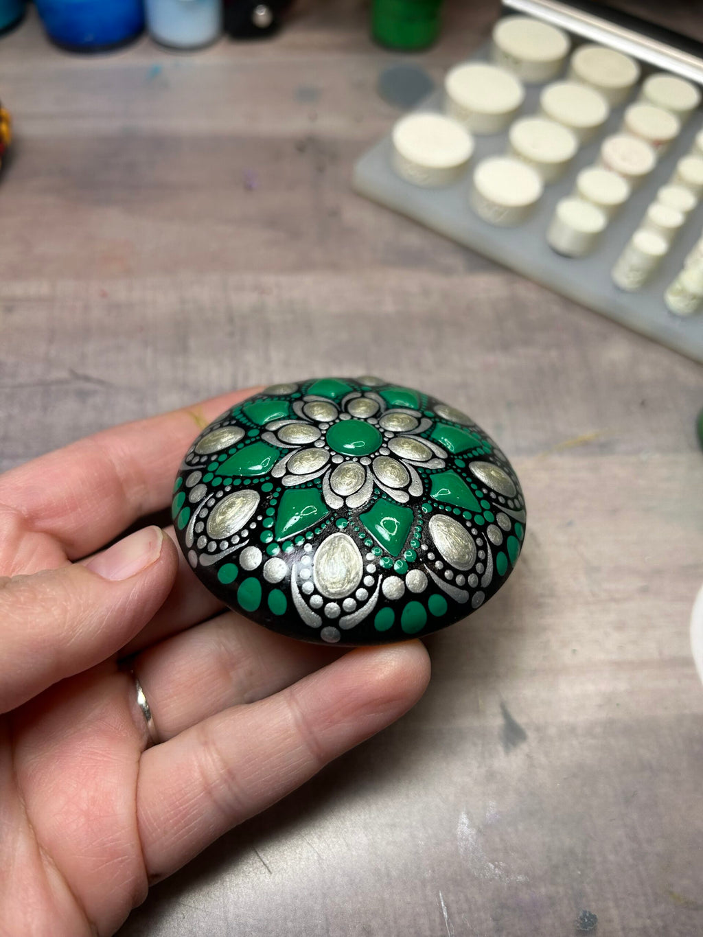 Original Art Green and Silver Andes Mint Mandala Stone image 1