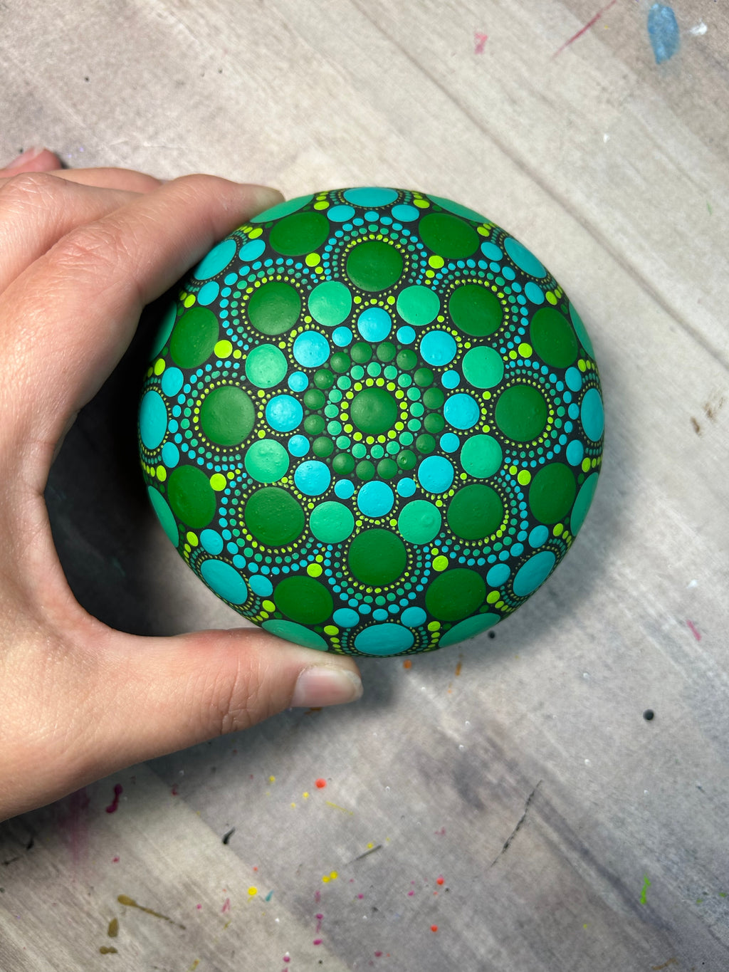 Original Greens with Blue Brushwork Dot Mandala Stone image 0