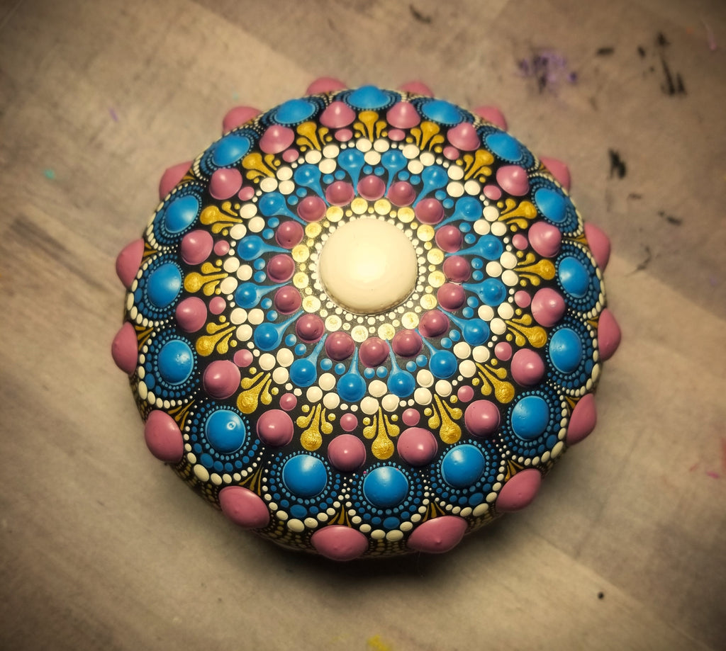 Original Purple, Blue, Cream &amp; Gold Dot Mandala Stone image 2