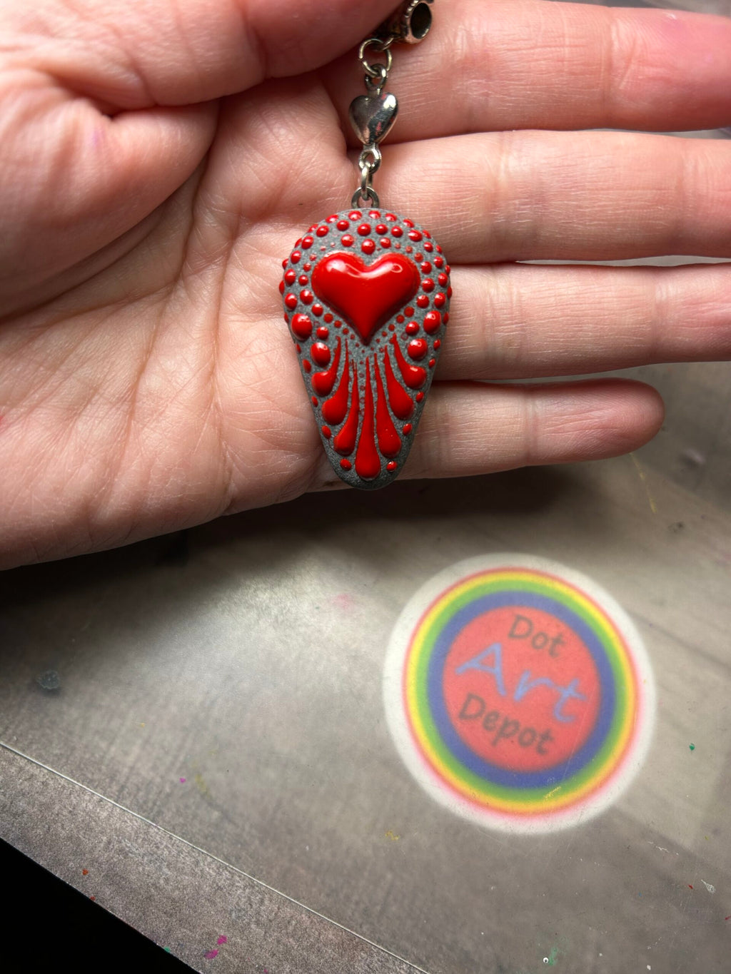 Red Dot Mandala Painted Stone Pendant BY Lydia May image 0