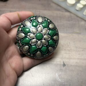 Original Art Green and Silver Andes Mint Mandala Stone